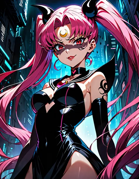 sailor moon wicked lady, pink hair, red eyes, ,  black crescent moon mark on forehead , very evil smirk,beautiful body,shaded fa...