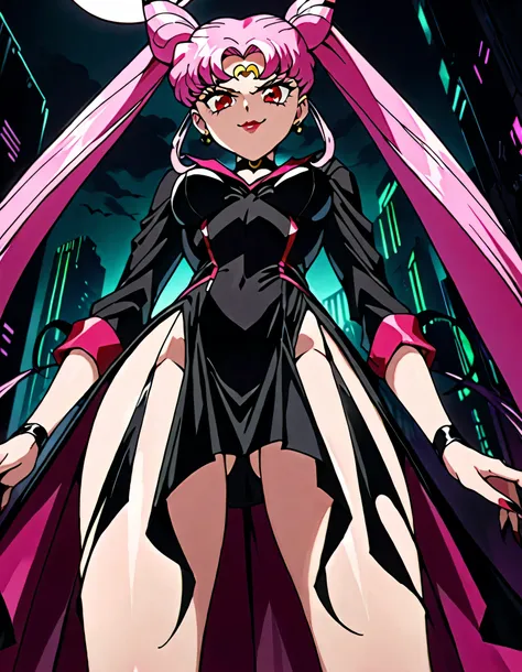 sailor moon wicked lady, pink hair, red eyes, ,  black crescent moon mark on forehead , very evil smirk,beautiful body,shaded fa...