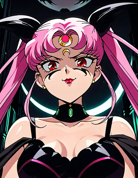 sailor moon wicked lady, pink hair, red eyes, ,  black crescent moon mark on forehead , very evil smirk,beautiful body,shaded fa...