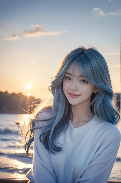 masterpiece，Best Quality，Still Image， 1 girl，Cloud Girl，Smiled  bright ly， blue eyes， blue hair，curl、Longer Hair， is floating in the air， close， bright ，happiness， Warm Soft Lights ，sunset，（：0.7）