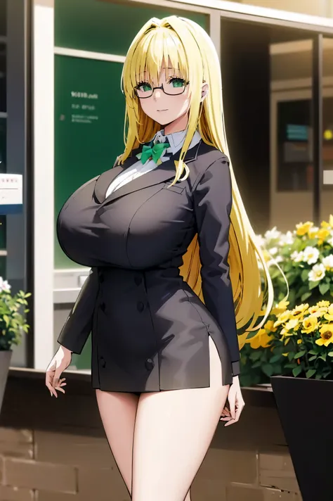 blonde hair, ((very huge tits )), ((black office suite, akirt, glasses)), thick, busty, ((green eyes)), upperbody, smile, legs, ...