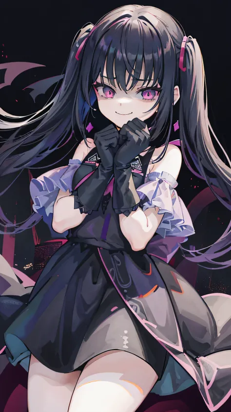 (8k、 Highest quality 、Best Quality、masterpiece)、 detail face 、 1 girl、 Black Hair 、Long Hair、 twin tails、 short bang 、Pink Eyes、evil smile 、((Green))、 earrings for a woman alone、、(( off-shoulder ))、(( Black Mini Skirt ))、(( Pink Panties ))、 black leather...