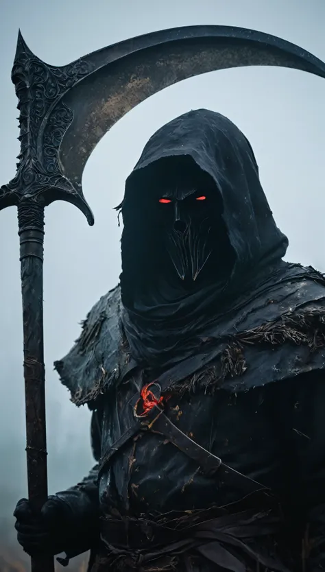 Best quality, 4K, 8K, ultra-high resolution, masterpiece: 1.5, ultra-detailed, hyper-realistic, Dark Souls-inspired boss design, ominous and breathtaking portrait of a shadowy farmer, Grim Reaper hybrid, standing amidst a haunting, smoky landscape. The fig...