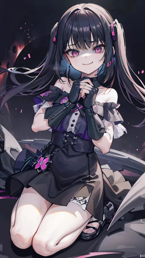 (8k、 Highest quality 、Best Quality、masterpiece)、  detail face 、 1 girl、 Black Hair 、Long Hair、 twin tails、 short bang 、Pink Eyes、evil smile 、((Green))、 earrings for a woman alone、、(( off-shoulder ))、((  Black Mini Skirt ))、(( Pink Panties ))、 black leather...