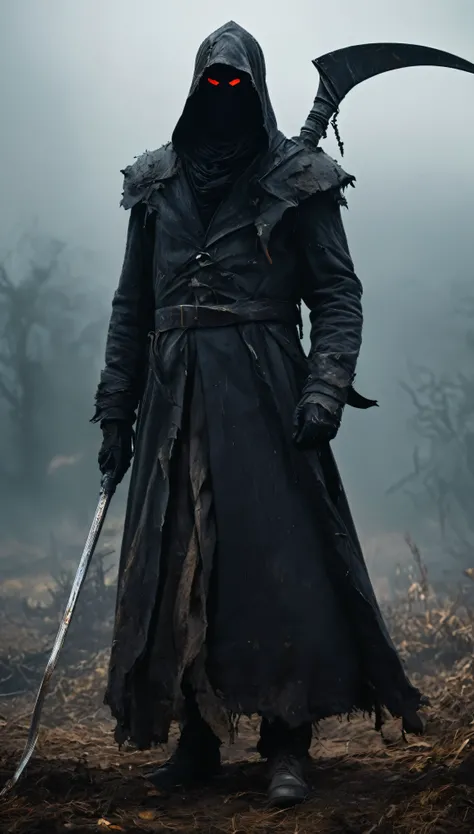 Best quality, 4K, 8K, ultra-high resolution, masterpiece: 1.5, ultra-detailed, hyper-realistic, Dark Souls-inspired boss design, ominous and breathtaking portrait of a shadowy farmer, Grim Reaper hybrid, standing amidst a haunting, smoky landscape. The fig...