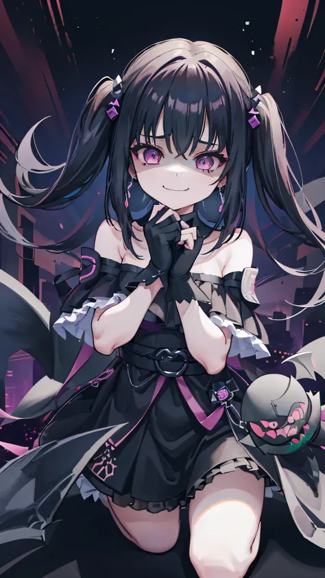 (8k、 Highest quality 、Best Quality、masterpiece)、 detail face 、 1 girl、 Black Hair 、Long Hair、 twin tails、 short bang 、Pink Eyes、evil smile 、((Green))、 earrings for a woman alone、、(( off-shoulder ))、(( Black Mini Skirt ))、(( Pink Panties ))、 black leather...