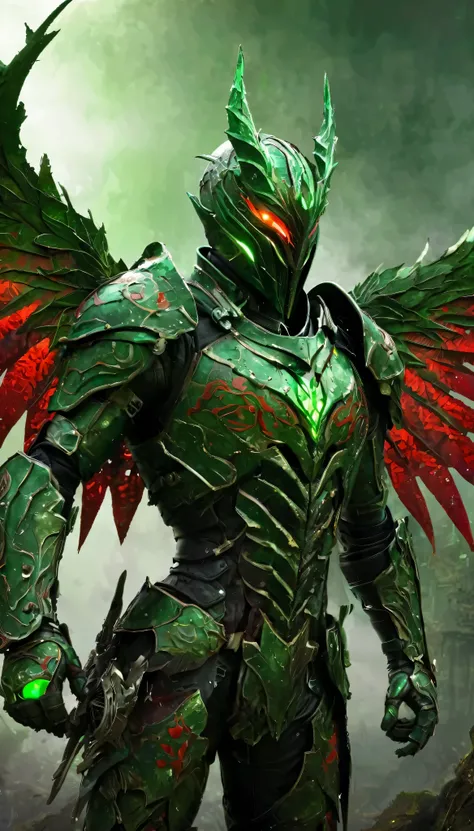 Emerging from the shadows, The Scourgewing is a terrifying creature clad in a cracked and twisted red and green armor, its form a grotesque fusion of organic and metallic textures. Completely masked, this beings face is concealed by a warped, battle-worn h...