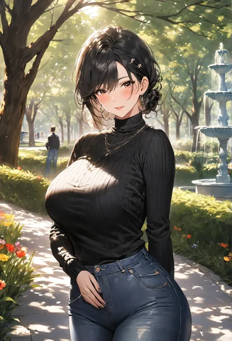 ((best quality)), ((masterpiece)), (Details), (1 girl), sexy, fitted body, shiny skin, glossy skin, Big Breasts, Married Woman with Black Hair, hair style wavy short hair, mature women, mother with warm eyes, Black turtleneck sweater, jeans pants, standing...