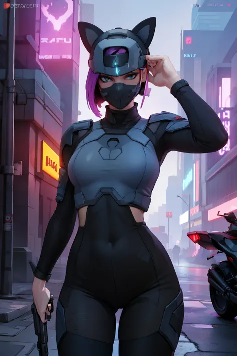 ✨1🖤 girl, Night, (masterpiece) evening (Cyberpunk Night)(Best Quality) gaming, face covered by a helmet on the head,Halo steel armor,Spartan halo reach,Motorcycle helmet, with cat ears with visor,body covered by halo armor,motorcycle mask,halo pistol or ri...