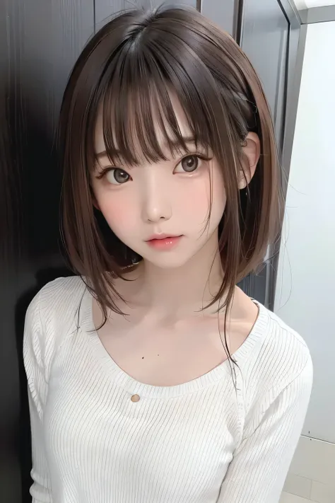 (masterpiece、Best Quality、 Super detailed description、 ultra high resolution)、( Portrait Shooting :1.3)、 girl、solo、((small chest))、cute、 idol face、 simple white background、Stand with your back against a wall、front view、sweater