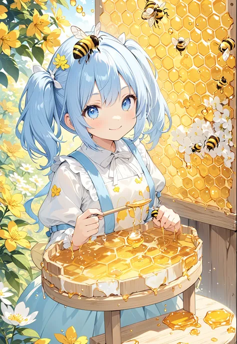  Light Blue Long Hair 、One cute little character with twin tails 、はちみつが入っている大きな便の中にsmile、 close-up 、smile、 Honey and Honeybees 、there are two girls that are sitting on a stool near a jar of ハニー, ハニー and bee hive, bee,  OFFICIAL ART, Dripping Honey ,  girl,...