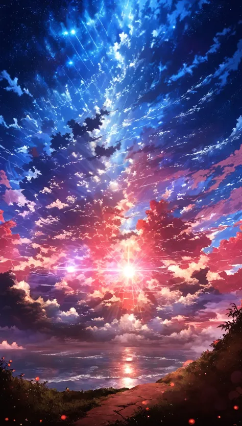 anime-style scenes of a beautiful sky are red with heavenly clouds  . The sky is dotted with .  with a star and a planet ,  The cosmic skies have a reddish crimson theme and the world seems big . .  With a  sitting on a high cliff in broad daylight and it ...