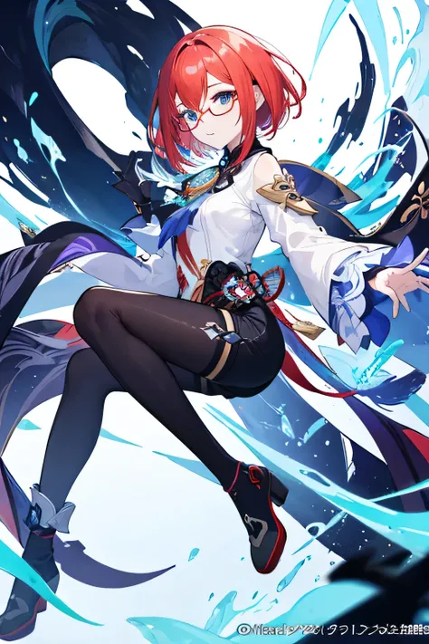 1 women, short red hair, closed mouth, glasses, white shirt, black short pants, blue eyes, genshin impact, full body, black stockings, anemo vision, official art, special art, genshin impact art