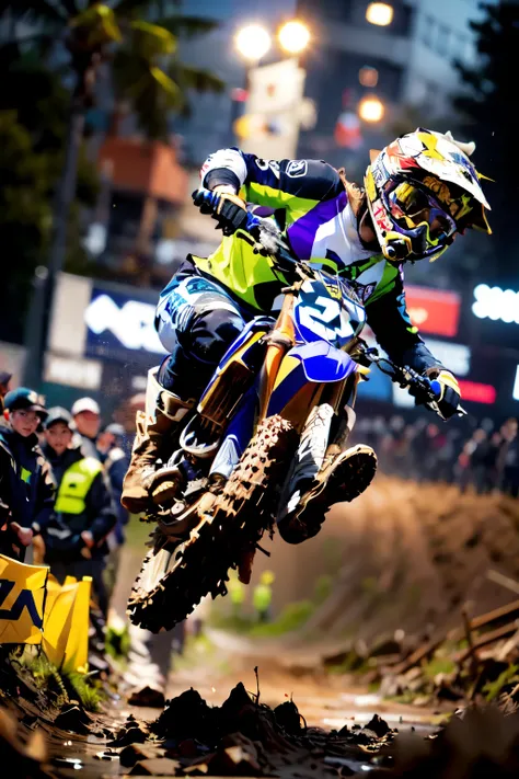 yamaha wr250, motocross race, cute female racer, brown skin, wearing motocross boots, full of mud, abs, jumping over a hill, nig...