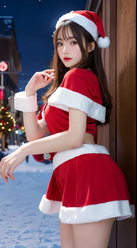 masterpiece, Best Quality, shape, Very   Details,   Details, Highest resolution 8k wallpapers,  perfect dynamic configuration ,  beautiful detail,   natural lips, Santa Claus Outfits, mini skirt
 , whole body, Snowy Night Town ,  Christmas， G-string， stari...