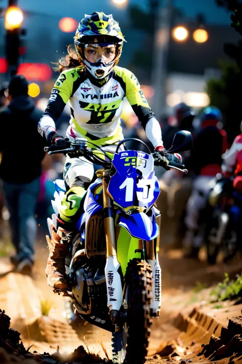 yamaha wr250, motocross race, cute female racer, brown skin, wearing motocross boots, full of mud, abs, jumping over a hill, nig...