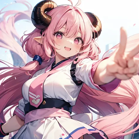 An anime-style illustration of ‘Fua-chan’ smiling brightly while making a determined fist pump gesture. Fua-chan has long pink hair styled in soft curls resembling sheep’s horns, and pink eyes full of enthusiasm and positivity. She is depicted with one arm...