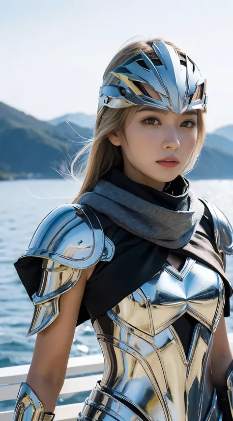 (((masterpiece))),,Best Quality, photograph, Earth, water,, wind, space, 1 woman, blond hair, Shiny Armor, Eagle Helmet, Facial beauty, scarf, paper_ cut,
