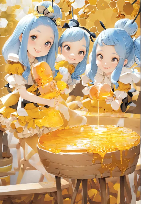  Light Blue Long Hair 、One cute little character with twin tails 、はちみつが入っている大きな便の中にsmile、 close-up 、smile、 Honey and Honeybees 、there are two girls that are sitting on a stool near a jar of ハニー, ハニー and bee hive, bee,  OFFICIAL ART, Dripping Honey ,  girl,...