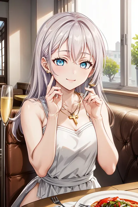 Alisa Kujou (Day:1.7), a girl sitting in a luxurious restaurant, (22 years old:1.1), (young woman:1.1), (beautiful fingers:1.2), (beautiful body:1.4), (beautiful nose:1.2), (perfect eyes:1.5), (perfect face:1.5), (beautiful character design:1.4). An anime ...