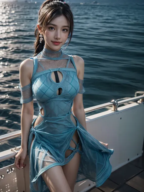 
(1girl), 

((skin visible through holes in the mesh:1.45)),
((Mesh Arabesque pattern dress:1.45)), 

(Leaning on the Waist-height handrails of a  promenade),
(Bracelets, chokers, Earrings), 
(A loose ponytail, hair blowing in the wind), 

((show navel, be...