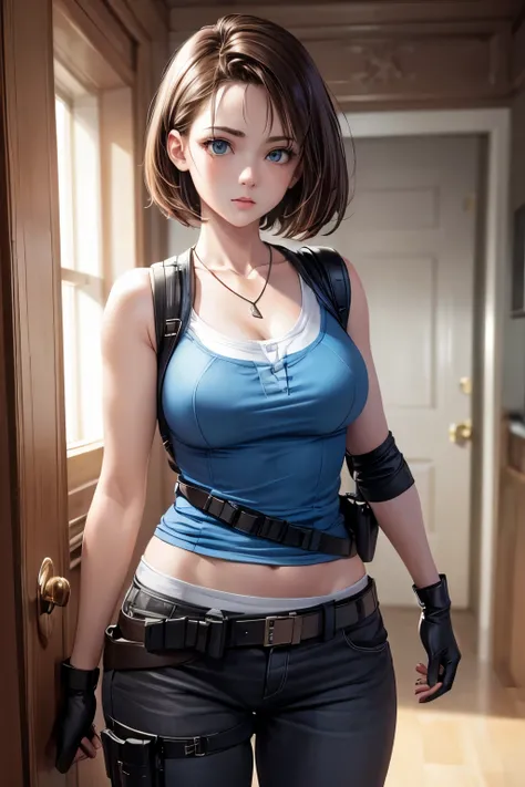 (8k, raw photo, masterpiece, extremely detailed, best quality, professional lighting, high res), BREAK beautiful and adorable girl, jillre3new, necklace, tank top, shoulder holster, pants, belt, holster, thigh strap, thigh pouch, fingerless gloves