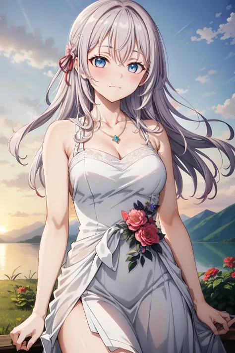 Alisa Kujou, 

"(Day:1.7), a girl standing at attention, 22 years old, young woman, beautiful fingers, beautiful body, beautiful nose, perfect eyes, perfect face, beautiful character design. An anime girl with soft pink hair flowing down in loose waves, we...