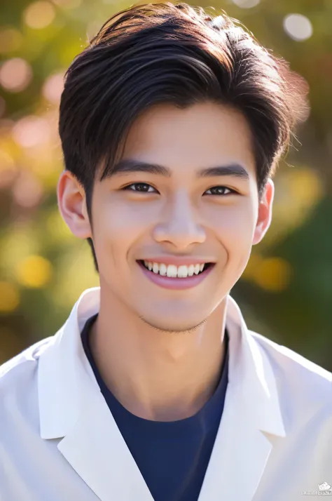 In 8K、top-quality、 ultra-detailed、​masterpiece、Realistic、Photo realistic、  handsome man 、  portrait shot of a fellow student、The white teeth that shine on a smile are impressive、 Japanese Male