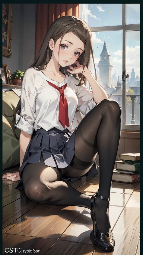 anime - style illustration of a woman in a  high school outfit, video game character, official character art, trending on cgstation, e-girl, e - girl, cushart krenz key art feminine, full body, female action anime girl, sitting, black pantyhose:1.5