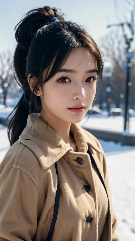 Winter Clothing,Lomg Coat,outdoors,Body in front,Body is facing forward,Close up face,masutepiece,The highest image quality, High quality, the background is clear,Beautiful woman, Japanese, Detailed, Ultra-detailed, finely detail, hight resolution, 8K Wall...