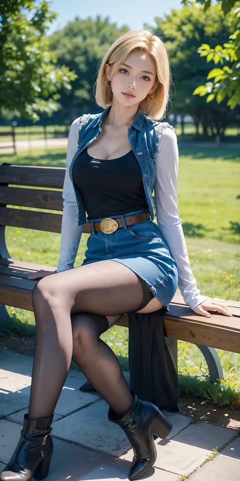 Android 18, Light Blonde hair, Medium Bob hair, Blue eyes, Wearing earrings, Long sleeves, Light blue denim mini skirt, Light blue mini denim vest, Black T-shirt with high cleavage, Large breasts, Belt, Dark brown see-through pantyhose, Western short boots...