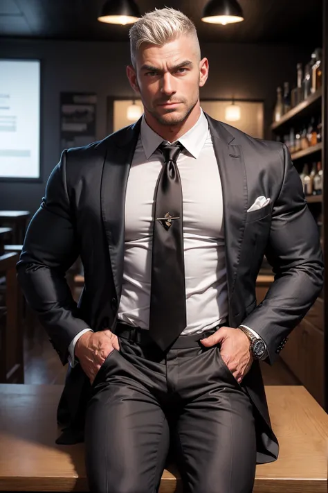 ,Far shot! Hairy chest muscles! Furry armpits!Someone is watching next to it. , sexy digital art, men in a suit and tie sitting in a beer bar, suit and tie, Rolex watch, Finger rings, wearing a suit and tie, wearing a suit and a tie, wearing suit and tie, ...