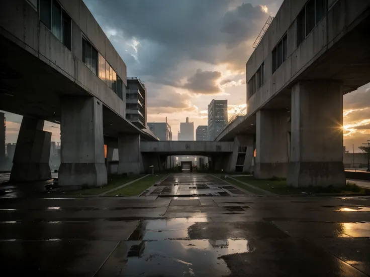 standing on the muddy street in grey world looking at outside view old polaroid photo of zoom very close into concrete brutalist building with smooth terraced edges, very unusual twisted and curving as well as straing pyramidal truncating design.... random...