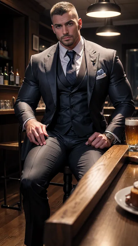 ,Far shot! Hairy chest muscles! Furry armpits!Someone is watching next to it. , sexy digital art, men in a suit and tie sitting in a beer bar, suit and tie, Rolex watch, Finger rings, wearing a suit and tie, wearing a suit and a tie, wearing suit and tie, ...