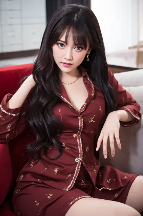 High-quality details, flowing, dynamic, (1 female), 23years old, bright eyes, crystal eyes, a young girl, teen, dark red glosy lips, wearing a thin purple patterned pajamas, shirt buttons open black hair, white skin, sitting on a red sofa, open breasts.