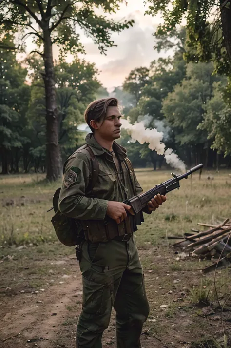  The young hunter was hiding under a large tree. He stood aiming at one wild boar. The distance from the hunter to the wild boar was about 50 meters.  (Picture of the hunter standing up to the gun and firing immediately.  " Bang! " The sound of a loud gun ...