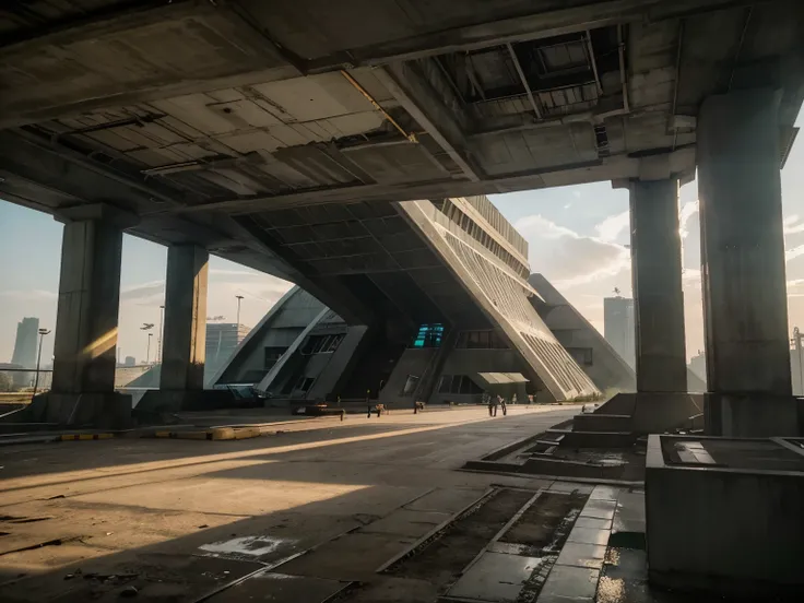 very tall starnge megastructure connected to similar concrete megastructure in a futurustic brutalist dystopian world  on the muddy green rive in grey world looking at outside view old polaroid photo of zoom very close into concrete brutalist building with...