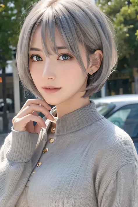 (Peace Master:1.3)、(8k、 photorealistic、  Uncut Pictures  、Best Quality: 1.4)、( 1 girl)、 beautiful face、( realistic face)、(Grey Hair、 short hair:1.3)、 beautiful hairstyle、  Real Eyes 、 beautiful details、（ skin just like a real one）、 beautiful skin 、（sweater...