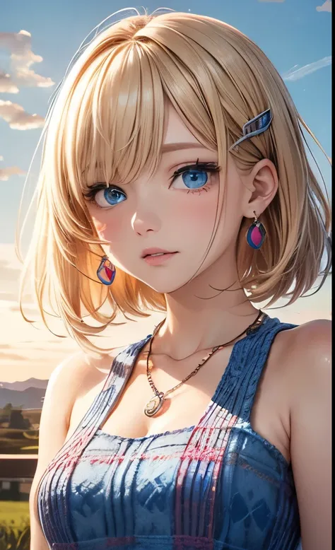 Melody Marks, absurd,  ultra-detailed,  bright color ,  extremely beautifully detailed anime faces and eyes, short hair, amount, Blonde like short twins ,  shiny hair,    Delicate and Beautiful Face , blush、( Deep Blue Eyes :1.2), hair clips, earrings for ...