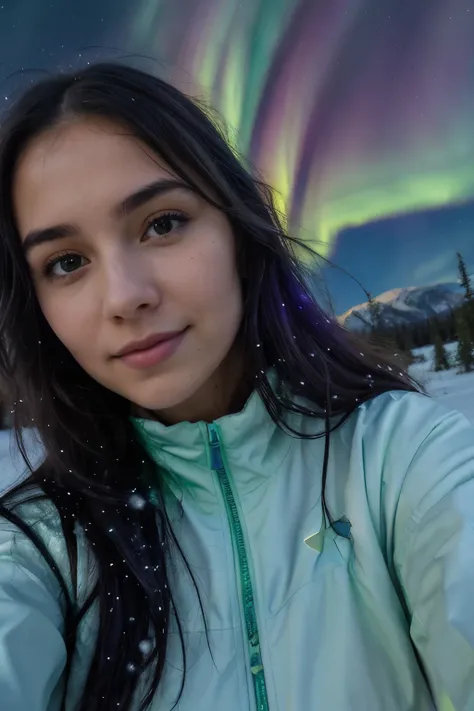 A pretty girl, closeup of the face, the aurora borealis, northern lights, with hues of green, purple, and blue that mirror the dancing lights in the sky. Behind her, a wintery Alaskan landscape unfolds, with snow-covered trees, mountains, and a star-filled...