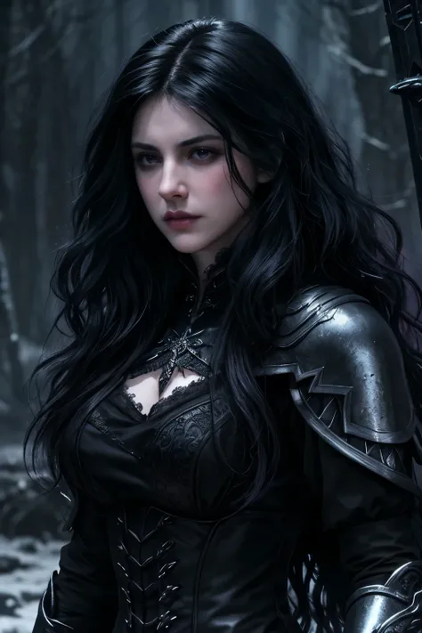 ultra quality,  Woman similar to Yennefer from The Wicther, curly long hair, black hair, violet eyes, face with blood, black metal armor, angry expression ,  penetrating look , dark atmosphere, at night