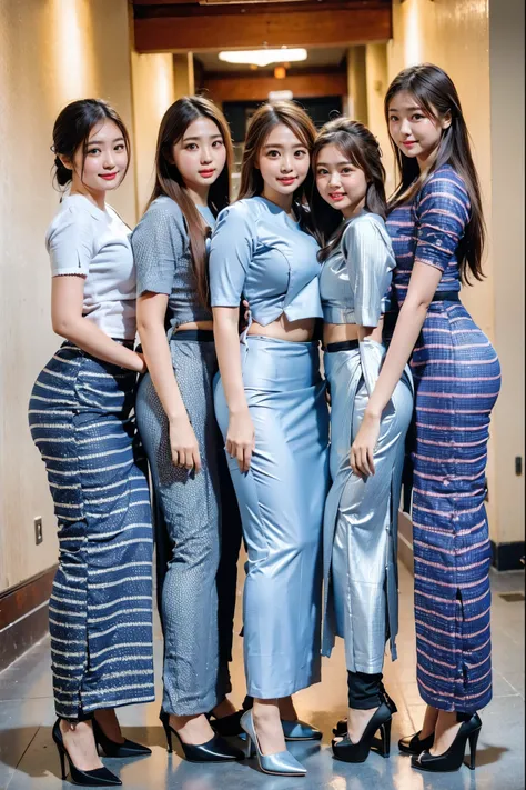 (Four high school students), ( standing facing me), Full body images shooting, (Group photo of girls), High image quality, 16k, (RAW photo:1.4),  high definition, ( Composition away from the subject ), (Full body images from head to ankle), ( COMPLETE ANAT...