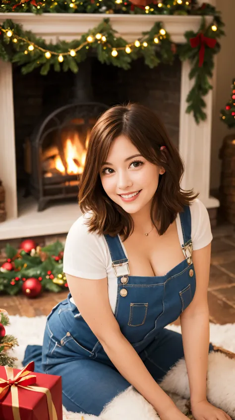 Super Cute, rounded face shape, highly detailed big eyes, curvy milf, xmas dungaree only clothing, hunters lodge, kneeling in front of log fire, xmas decorations, smiling lovingly at the camera, close portrait image, showing cleavage