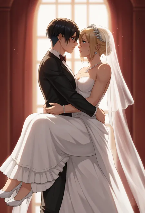 score_9, score_8_up, score_7_up, BREAK source_anime, historia reiss, blue eyes, blonde hair, long hair, medium breasts,Historia  beautiful wedding dress white,female black hair soldier with historia,Mikasa with historia are married ,mikasa wreanig black tu...