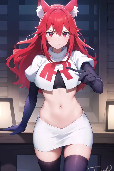 masterpiece, perfect lighting, (beautiful, best quality:1.3), perfect eyes, absurdres, 8k,
1girl, solo, (absurdres), finely detail,
flay_strongest, long hair, wolf ears, , wolf girl, red eyes, red hair,
team rocket,team rocket uniform,white skirt,red lette...