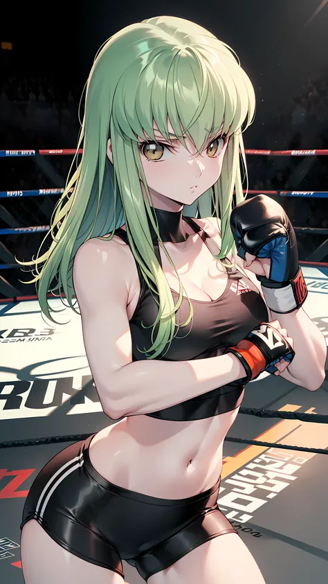 CC_Code Geass, Hair between the eyes, Very long hair 1 person, Bright light, alone, (masterpiece, Highest quality), 8k, Intricate details, (on MMA Arena :1.5), (wearing sports bra:1.5, wearing tight fit spats:1.5, wearing MMA gloves:1.3, sleeveless), cleav...