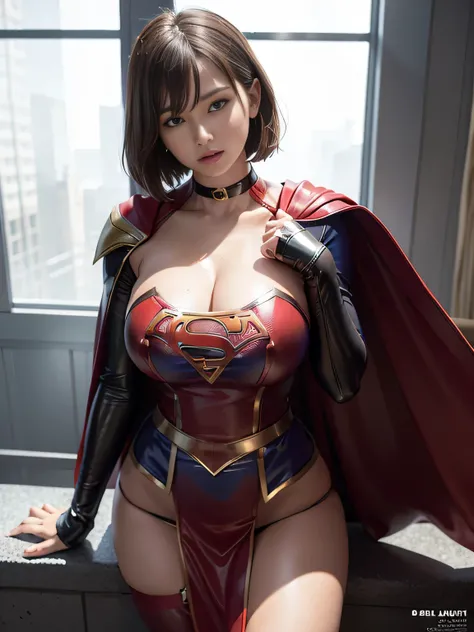 masterpiece、 latex supergirl costume 、 shoulder top、Ultra short hair、 big bust、 sweaty and shiny skin 、Looking directly at the camera、 choker、Provocative cleavage、 Long Sleeve 、Cape、Bewitching body、Face-to-face shooting in a dark and creepy Asylum、immoral ...