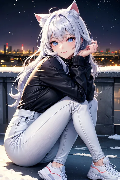 Best Quality, High Quality, Perfect Proportions, Cat Ears, Front View, Shiny Hair, City, Curled Night Sky, Snow, Sitting, Gradient Eyes, Sleek Bangs, Side Angle, Long Sleeves, White Trainers, Jeans, Smiling, Winter