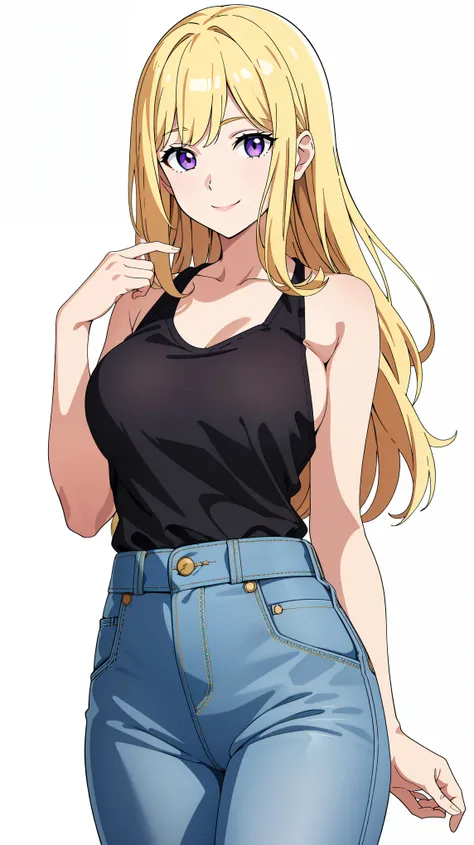 (best quality:1.5, Hand detail  highter, UHD, 4K), teen, 1girl, (Blonde hair, Put hair behind the ear, Hair to the waist, side bangs, Short side). large breast, Beautiful eyes, purple eyes, Beautiful, White background,  smile , singlet, long Levis, Stand,