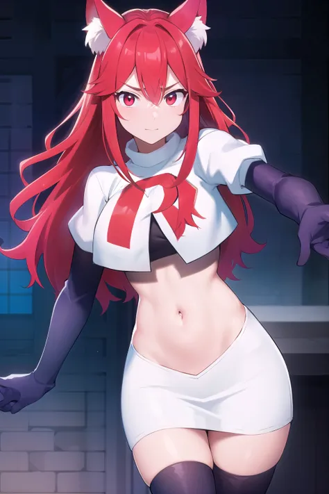 masterpiece, perfect lighting, (beautiful, best quality:1.3), perfect eyes, absurdres, 8k,
1girl, solo, (absurdres), finely detail,
flay_strongest, long hair, wolf ears, , wolf girl, red eyes, red hair,
team rocket,team rocket uniform,white skirt,red lette...